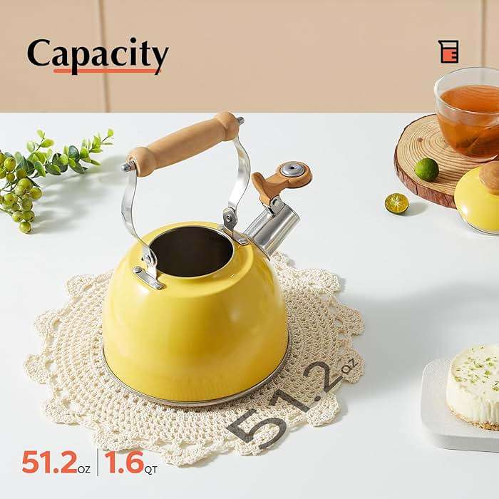 ROCKURWOK Tea Kettle, Tea Pot with Cool Touch Ergonomic Handle, Teapot Food Grade Stainless Steel, Tea Kettle Stovetop, Kettle Teapot, Whistling Tea Kettle, Small Tea Kettles, 1.6 Quart (Yellow) - Image 2