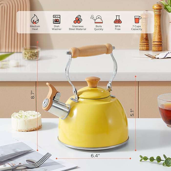 ROCKURWOK Tea Kettle, Tea Pot with Cool Touch Ergonomic Handle, Teapot Food Grade Stainless Steel, Tea Kettle Stovetop, Kettle Teapot, Whistling Tea Kettle, Small Tea Kettles, 1.6 Quart (Yellow) - Image 3
