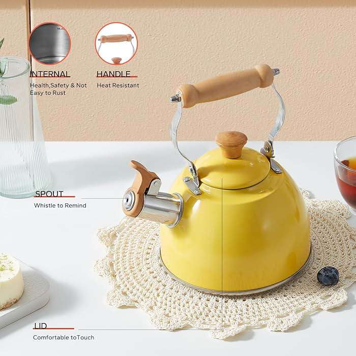 ROCKURWOK Tea Kettle, Tea Pot with Cool Touch Ergonomic Handle, Teapot Food Grade Stainless Steel, Tea Kettle Stovetop, Kettle Teapot, Whistling Tea Kettle, Small Tea Kettles, 1.6 Quart (Yellow) - Image 6