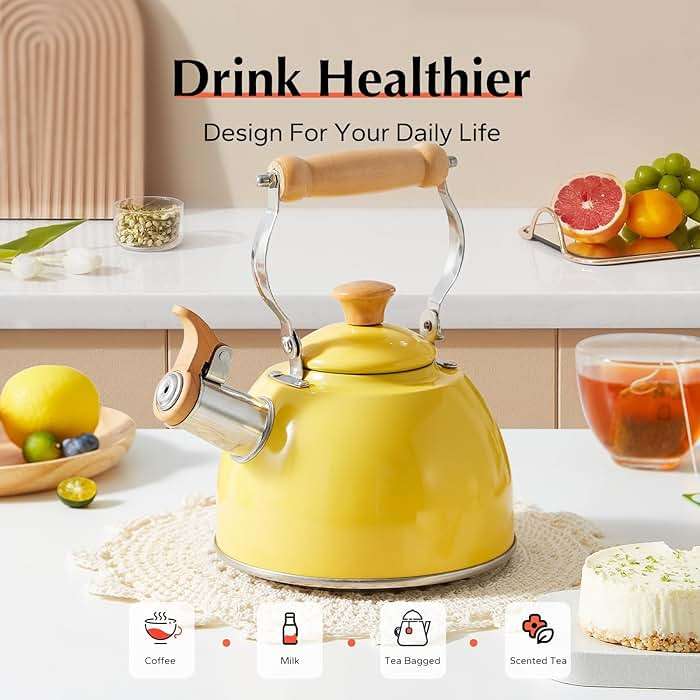 ROCKURWOK Tea Kettle, Tea Pot with Cool Touch Ergonomic Handle, Teapot Food Grade Stainless Steel, Tea Kettle Stovetop, Kettle Teapot, Whistling Tea Kettle, Small Tea Kettles, 1.6 Quart (Yellow) - Image 7