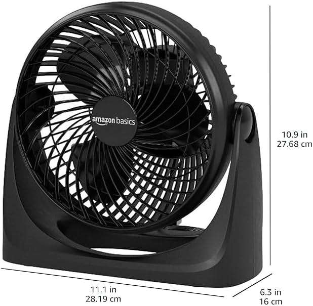 Amazon Basics Air Circulator Desk Fan for Bedroom, Home and Office, 90-Degree Tilt Head, 3 Speed Settings, Cooling, 35 Watts, Black, 11.1"W x 6.3"D x 10.9"H - Image 3