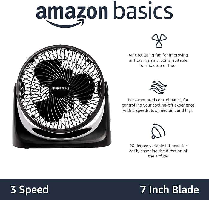 Amazon Basics Air Circulator Desk Fan for Bedroom, Home and Office, 90-Degree Tilt Head, 3 Speed Settings, Cooling, 35 Watts, Black, 11.1"W x 6.3"D x 10.9"H - Image 4