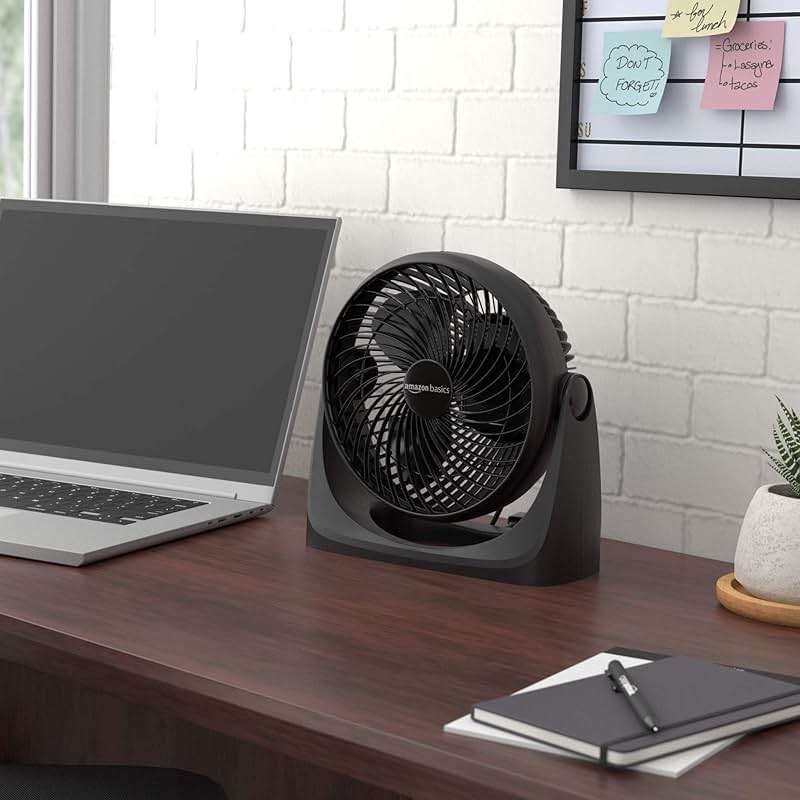 Amazon Basics Air Circulator Desk Fan for Bedroom, Home and Office, 90-Degree Tilt Head, 3 Speed Settings, Cooling, 35 Watts, Black, 11.1"W x 6.3"D x 10.9"H - Image 6