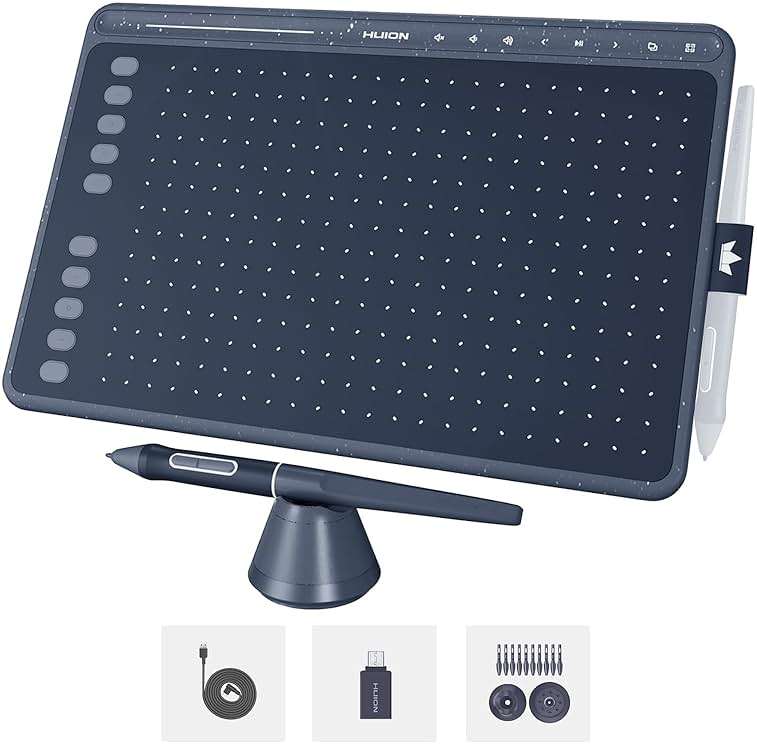 HUION HS611 Graphics Drawing Tablet Android Support Digital Art Tablet with Battery-Free Stylus 8192 Pen Pressure Tilt 8 Multimedia Keys 10 Hot Keys and Touch Ring, 10x6 inch Drawing Pad, Space Grey - Image 1