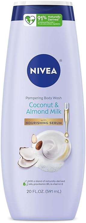 NIVEA Pampering Coconut and Almond Milk Body Wash with Nourishing Serum, Moisturizing Body Wash for Women, Enriched with Provitamin B5 and Vitamin E, 20 Fl Oz Bottle - Image 1