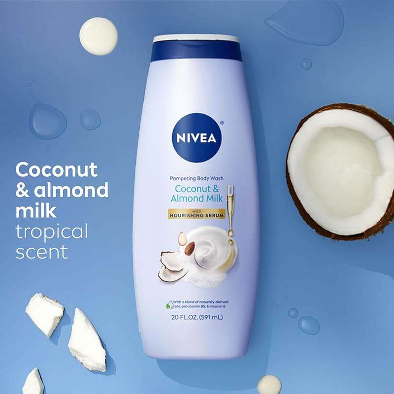 NIVEA Pampering Coconut and Almond Milk Body Wash with Nourishing Serum, Moisturizing Body Wash for Women, Enriched with Provitamin B5 and Vitamin E, 20 Fl Oz Bottle - Image 9