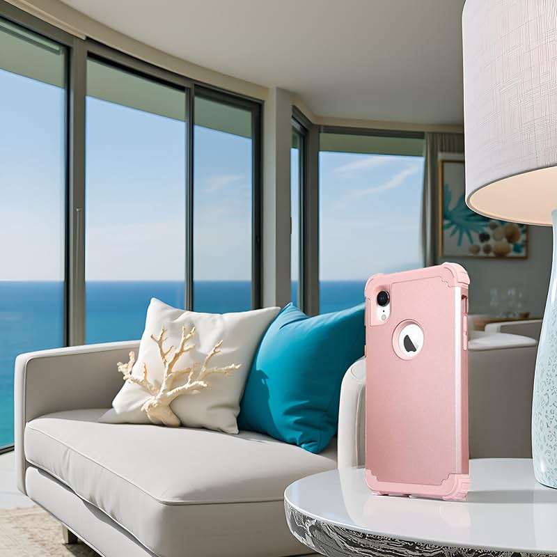 IDweel for iPhone XR Case with Tempered Glass Screen Protector for Women, 3 in 1 Shockproof Slim Hybrid Heavy Duty Hard PC Cover Soft Silicone Bumper Full Body Case, Rose Gold - Image 3