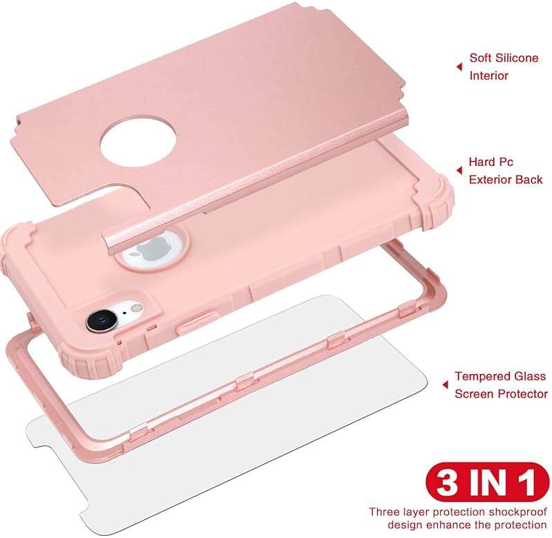 IDweel for iPhone XR Case with Tempered Glass Screen Protector for Women, 3 in 1 Shockproof Slim Hybrid Heavy Duty Hard PC Cover Soft Silicone Bumper Full Body Case, Rose Gold - Image 8
