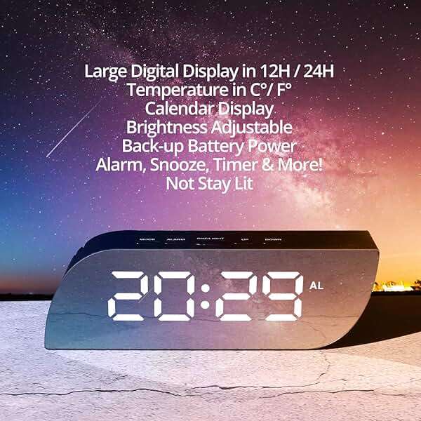 Betus Aesthetic Digital Alarm Clock Mirror Surface - Dimmer Night Mode, Large LED Digits Display, Easy Snooze - USB & Battery Operated - Bedroom, Office, Travel Portable (Black) - Image 4