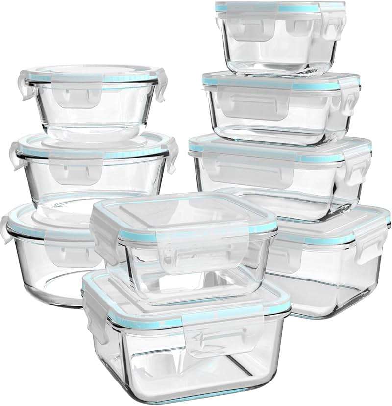 AILTEC Glass Food Storage Containers with Lids, [18 Piece] Glass Meal Prep Containers, Containers for Food Storage with Lids, BPA Free & Leak Proof (9 Lid & 9 Container) - Image 1