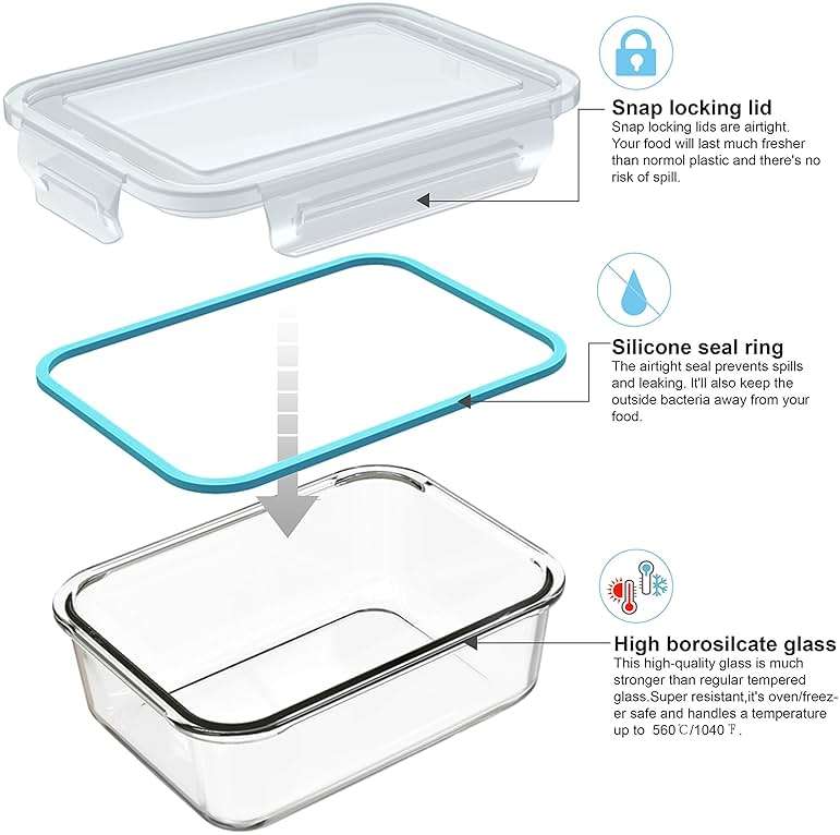 AILTEC Glass Food Storage Containers with Lids, [18 Piece] Glass Meal Prep Containers, Containers for Food Storage with Lids, BPA Free & Leak Proof (9 Lid & 9 Container) - Image 5