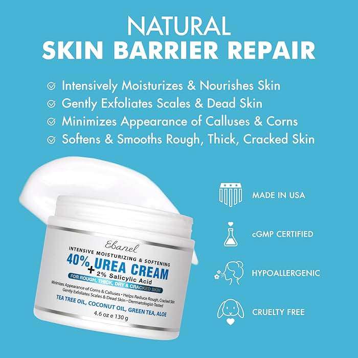 Ebanel Urea Cream 40% plus Salicylic Acid 2%, Foot Cream for Dry Cracked Heels Feet Knees Elbows Hands, Foot Dead Skin Cuticle Callus Remover Toenail Softener, Keratolytic Skin Barrier Repair - Image 3
