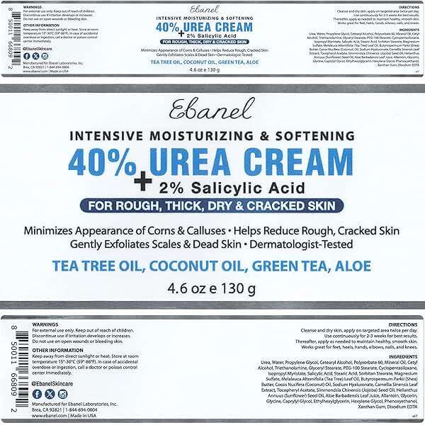 Ebanel Urea Cream 40% plus Salicylic Acid 2%, Foot Cream for Dry Cracked Heels Feet Knees Elbows Hands, Foot Dead Skin Cuticle Callus Remover Toenail Softener, Keratolytic Skin Barrier Repair - Image 8