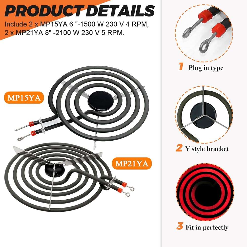 【2026 UPGRADED】 MP22YA Electric Range Burner Element Unit Set - Replacement for Ken-more Whirlpool May-tag Hardwick Norge Ranges/Stoves - Include 2 pcs MP15YA 6" and 2 pcs MP21YA 8" by Beaquicy - Image 3