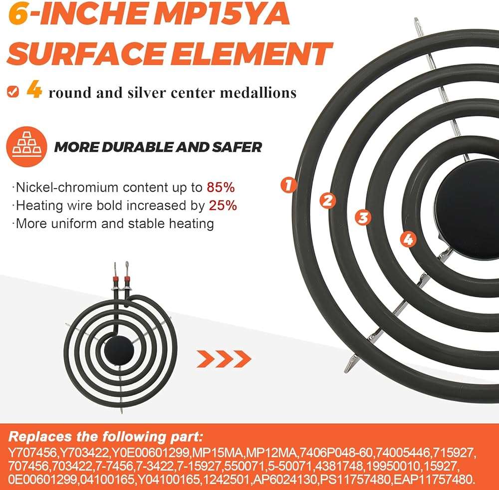 【2026 UPGRADED】 MP22YA Electric Range Burner Element Unit Set - Replacement for Ken-more Whirlpool May-tag Hardwick Norge Ranges/Stoves - Include 2 pcs MP15YA 6" and 2 pcs MP21YA 8" by Beaquicy - Image 4
