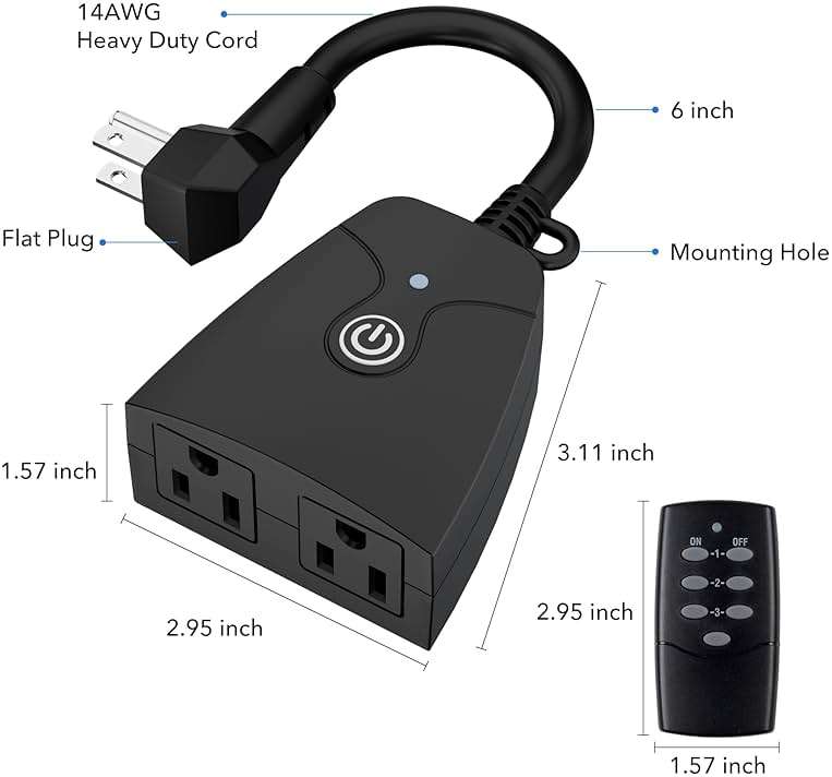 HBN Outdoor Wireless Remote Control Outlet Plug,Weatherproof Heavy Duty Power Strip,Indoor Electrical Plugs for Light Switch,6-inch Cord,100ft Range, ETL Listed(15A,Dual 3-Prong Outlets,3Packs) - Image 7