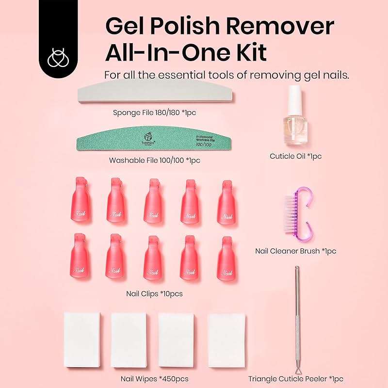 Beetles Gel Polish Remover Kit with 450 Pcs Lint Free Nail Wipes 10 Pcs Gel Polish Remover Clips Cuticle Oil Cuticle Pusher Nail File - Image 2