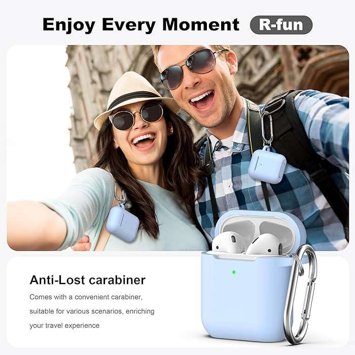 R-fun for AirPods 1/2 Case, Soft Silicone Protective Cover with Keychain and Cleaning Pen, Compatible with AirPods 2nd/1st Generation (2016/2019), Full Drop Protection Cover, Sky Blue - Image 2