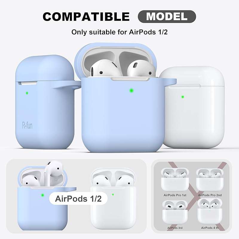 R-fun for AirPods 1/2 Case, Soft Silicone Protective Cover with Keychain and Cleaning Pen, Compatible with AirPods 2nd/1st Generation (2016/2019), Full Drop Protection Cover, Sky Blue - Image 3