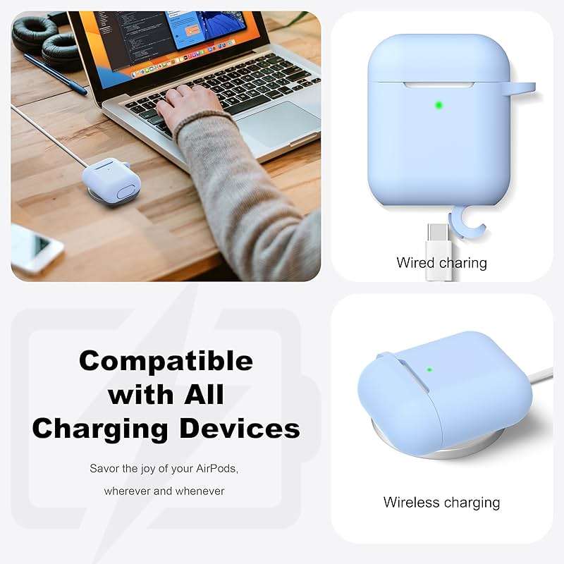 R-fun for AirPods 1/2 Case, Soft Silicone Protective Cover with Keychain and Cleaning Pen, Compatible with AirPods 2nd/1st Generation (2016/2019), Full Drop Protection Cover, Sky Blue - Image 4
