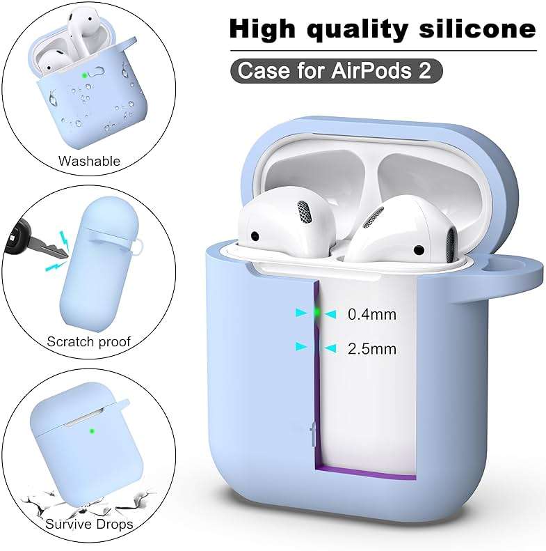 R-fun for AirPods 1/2 Case, Soft Silicone Protective Cover with Keychain and Cleaning Pen, Compatible with AirPods 2nd/1st Generation (2016/2019), Full Drop Protection Cover, Sky Blue - Image 6