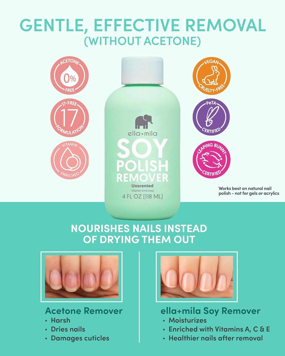 ella+mila Soy Nail Polish Remover – Unscented, Non-Acetone, Non-Toxic Fingernail Polish Remover for Natural Nails – Gentle, Vegan Formula Enriched with Vitamins A, C & E (4 fl oz) - Image 2