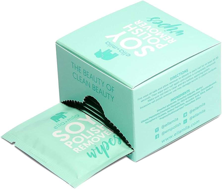 ella+mila Soy Nail Polish Remover Wipes - Non-Acetone, Non-Toxic Fingernail Polish Remover Pads - Travel Size, Individually Wrapped, Lint Free - Enriched with Vitamins (12 Pack) - Image 1