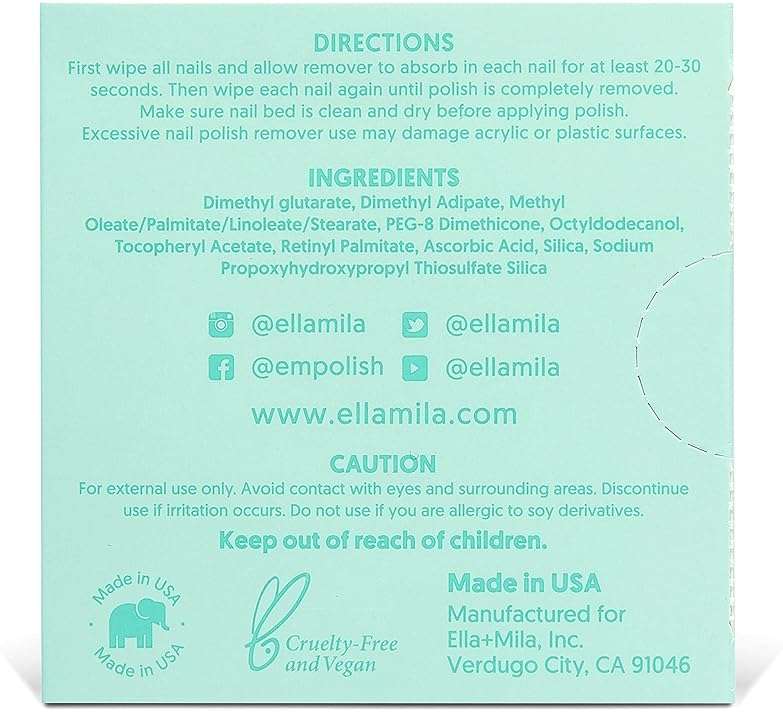 ella+mila Soy Nail Polish Remover Wipes - Non-Acetone, Non-Toxic Fingernail Polish Remover Pads - Travel Size, Individually Wrapped, Lint Free - Enriched with Vitamins (12 Pack) - Image 2
