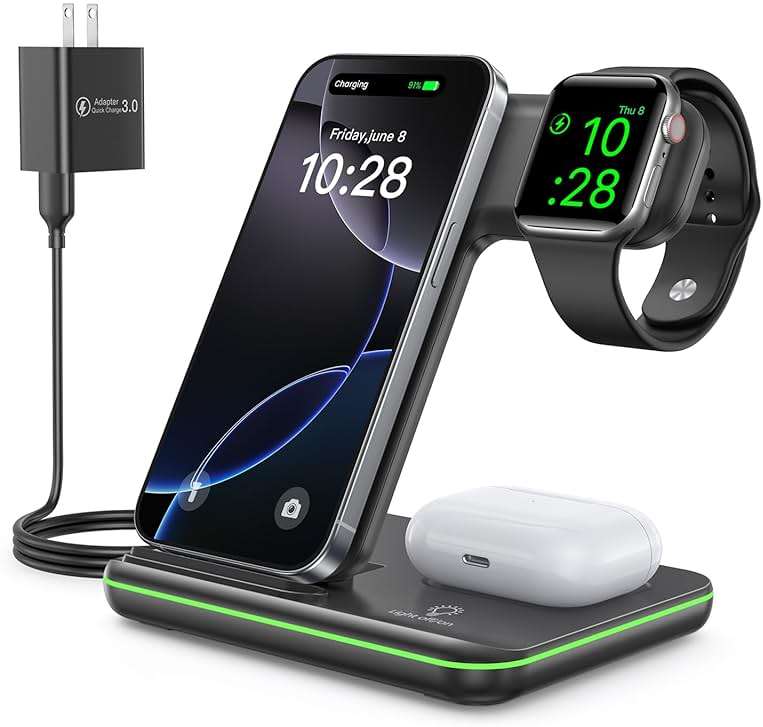 WAITIEE Foldable Wireless Charger for iPhone 17 16 15 14 13 12 11 X 8, 3 in 1 Charging Station for Apple Watch & for AirPods (Black) - Image 1