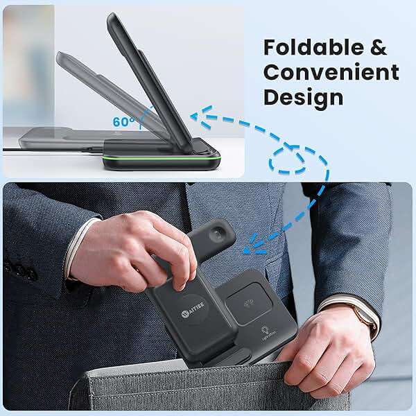 WAITIEE Foldable Wireless Charger for iPhone 17 16 15 14 13 12 11 X 8, 3 in 1 Charging Station for Apple Watch & for AirPods (Black) - Image 4