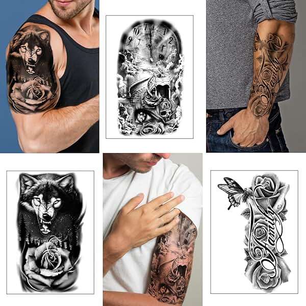 Yazhiji 36 Sheets Temporary Tattoos Stickers, 12 Sheets Fake Body Arm Chest Shoulder Tattoos for Men or Women with 24 PCS Tiny Black Tattoos - Image 4