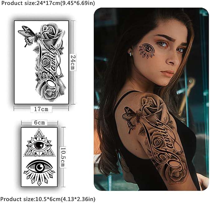 Yazhiji 36 Sheets Temporary Tattoos Stickers, 12 Sheets Fake Body Arm Chest Shoulder Tattoos for Men or Women with 24 PCS Tiny Black Tattoos - Image 8