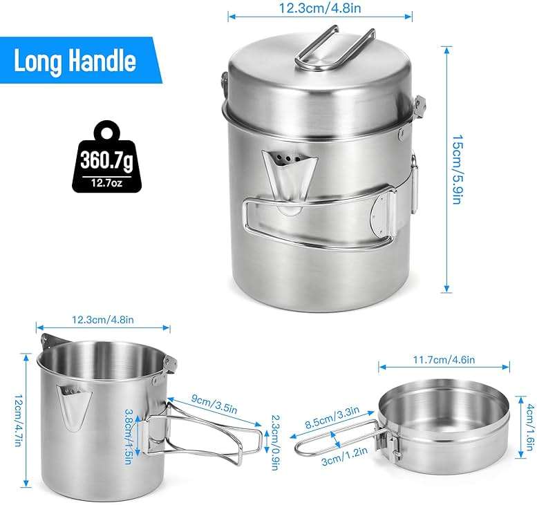 Lixada Camping Cooking Kettle 1L Stainless Steel Pot with Foldable Handle and Dual Use Cover Portable for Hiking Backpacking Picnic - Image 3