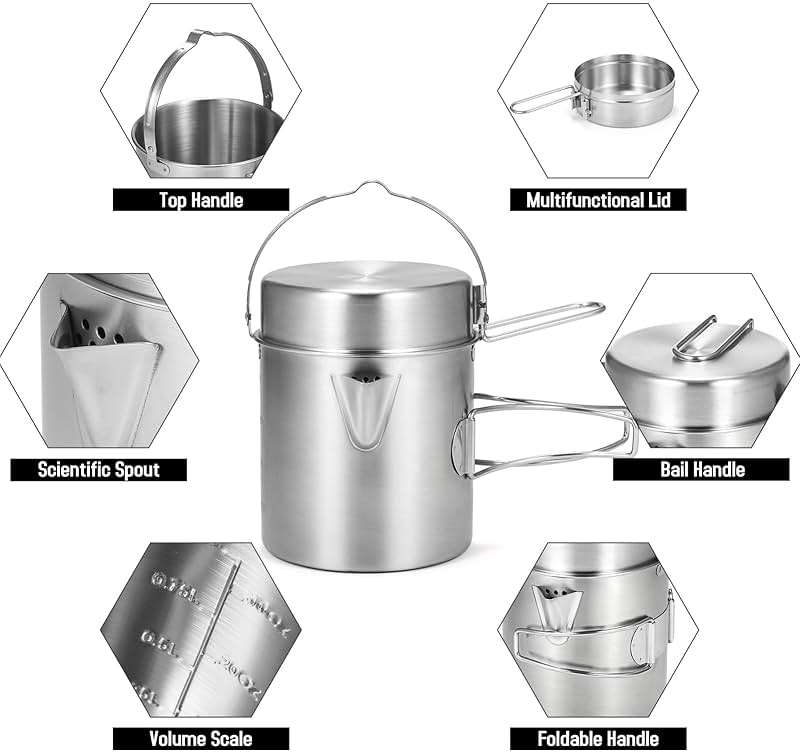 Lixada Camping Cooking Kettle 1L Stainless Steel Pot with Foldable Handle and Dual Use Cover Portable for Hiking Backpacking Picnic - Image 6