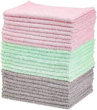 Amazon Basics Microfiber Cleaning Cloths, Ultra-Soft and Highly Absorbent, Streak-Free, Lint-Free, Scratch-Free, Washable, for Car Detailing and Glass Cleaning, 16" x 12", Green/Gray/Pink, 24-Pack - Image 1