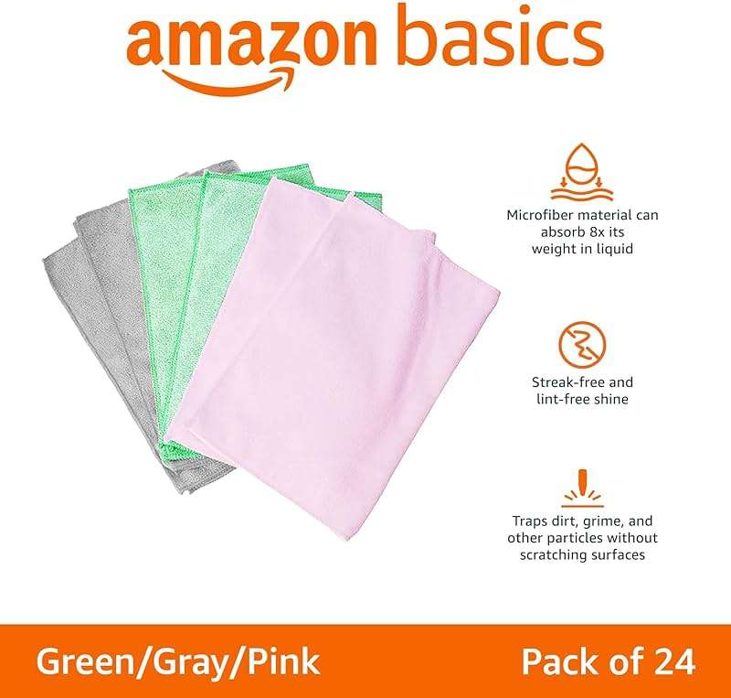 Amazon Basics Microfiber Cleaning Cloths, Ultra-Soft and Highly Absorbent, Streak-Free, Lint-Free, Scratch-Free, Washable, for Car Detailing and Glass Cleaning, 16" x 12", Green/Gray/Pink, 24-Pack - Image 2