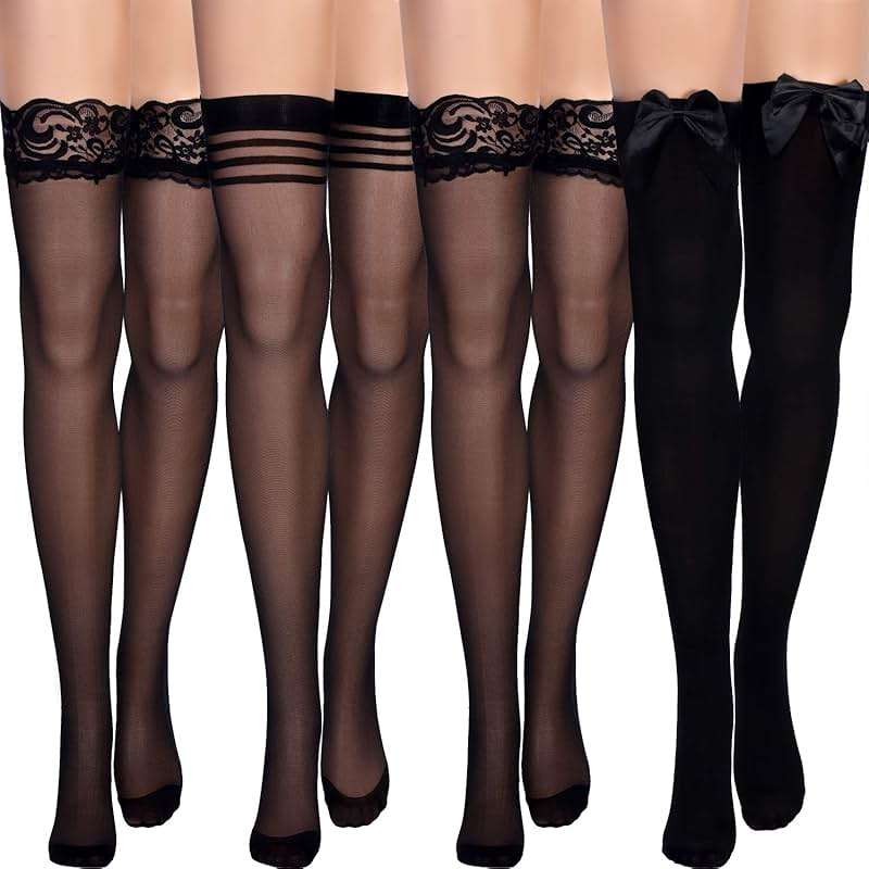 SATINIOR 4 Pack Silk Thigh High Stocking for Women Silicone Semi Sheer Lace Sock Satin Bow Top Stocking Pantyhose for Women - Image 1