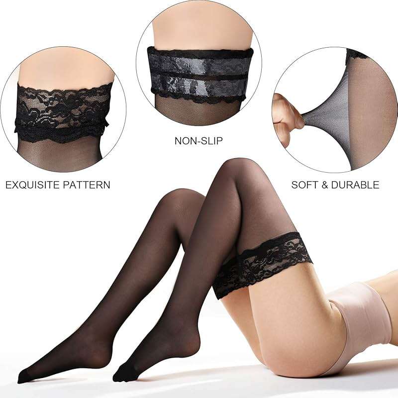 SATINIOR 4 Pack Silk Thigh High Stocking for Women Silicone Semi Sheer Lace Sock Satin Bow Top Stocking Pantyhose for Women - Image 4