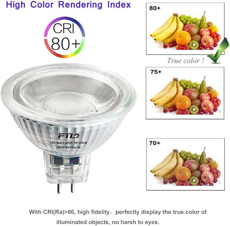 FTL MR16 LED Light Bulbs 3000K Warm White AC/DC 12V Non Dimmable Glass Cover 5W 500lm GU5.3 Spotlight 50W Halogen Replacement for Track Lighting and Outdoor Landscape 6-Pack - Image 4