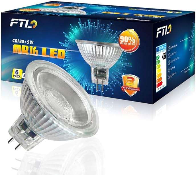 FTL MR16 LED Light Bulbs 3000K Warm White AC/DC 12V Non Dimmable Glass Cover 5W 500lm GU5.3 Spotlight 50W Halogen Replacement for Track Lighting and Outdoor Landscape 6-Pack - Image 7