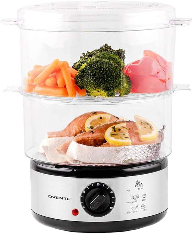 OVENTE 2-Tier Electric Food Steamer, 5 Quart Stainless Steel Stackable Steam Cooker with 400W Power, 60-Minute Timer & Auto Shut-Off, Dishwasher Safe, Healthy Vegetable & Seafood Steamer, Silver FS62S - Image 1