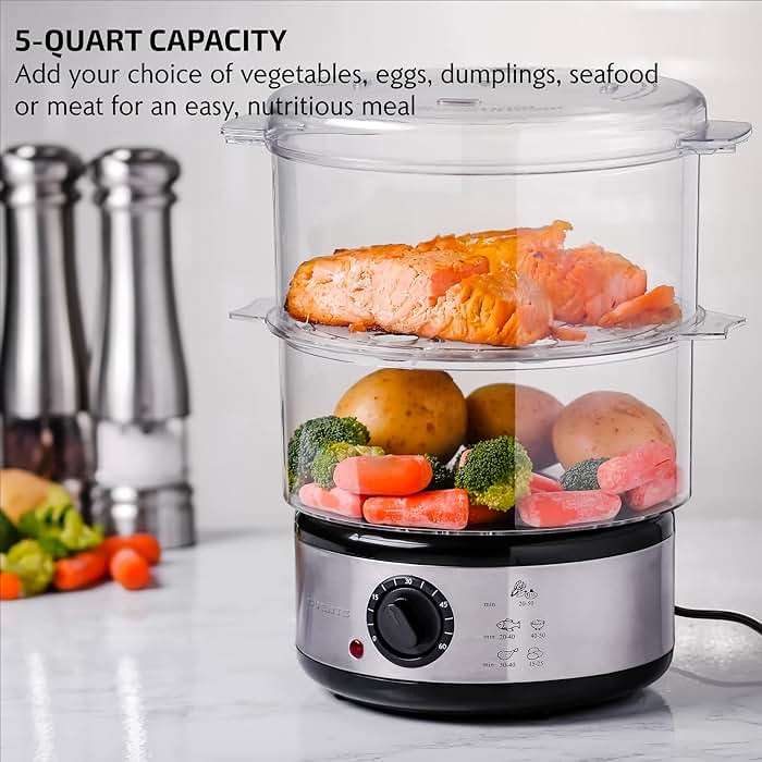 OVENTE 2-Tier Electric Food Steamer, 5 Quart Stainless Steel Stackable Steam Cooker with 400W Power, 60-Minute Timer & Auto Shut-Off, Dishwasher Safe, Healthy Vegetable & Seafood Steamer, Silver FS62S - Image 4