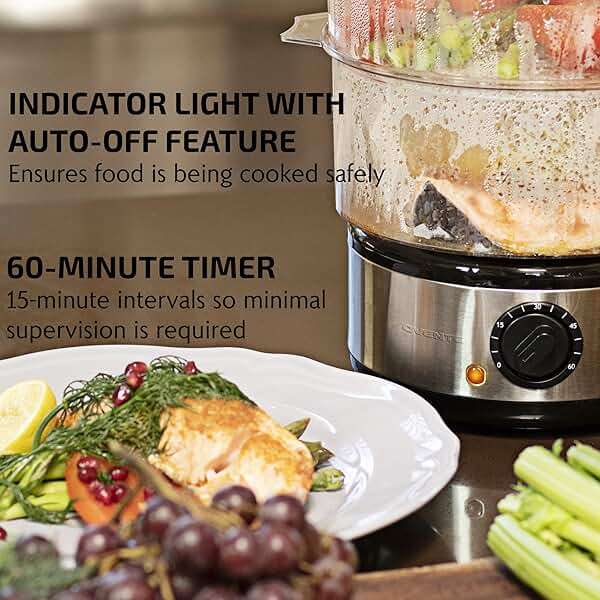OVENTE 2-Tier Electric Food Steamer, 5 Quart Stainless Steel Stackable Steam Cooker with 400W Power, 60-Minute Timer & Auto Shut-Off, Dishwasher Safe, Healthy Vegetable & Seafood Steamer, Silver FS62S - Image 5
