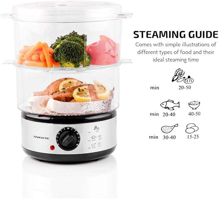 OVENTE 2-Tier Electric Food Steamer, 5 Quart Stainless Steel Stackable Steam Cooker with 400W Power, 60-Minute Timer & Auto Shut-Off, Dishwasher Safe, Healthy Vegetable & Seafood Steamer, Silver FS62S - Image 6