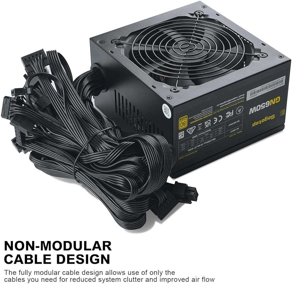 Segotep 650W 80 Plus Gold Certified Non-Modular ATX Power Supply with 6+2 Pin Connectors PFC Protection and RoHS Compliance, 120mm Silent Fan Gaming PSU GN-650 Black - Image 2