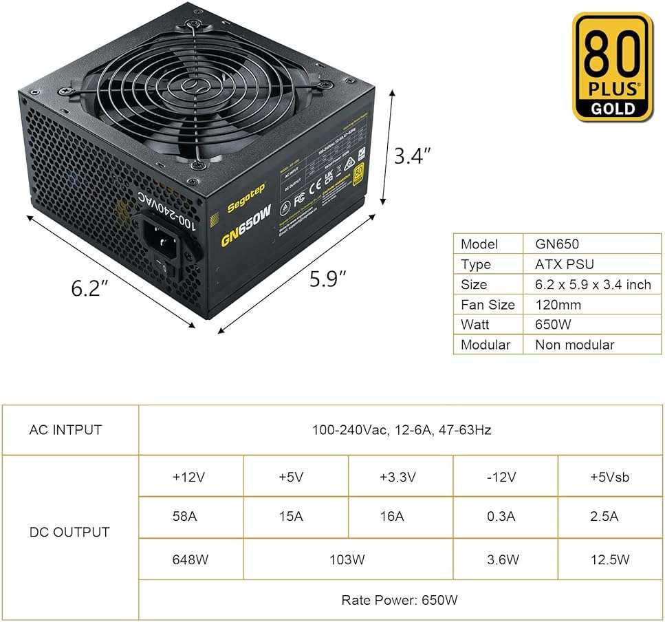 Segotep 650W 80 Plus Gold Certified Non-Modular ATX Power Supply with 6+2 Pin Connectors PFC Protection and RoHS Compliance, 120mm Silent Fan Gaming PSU GN-650 Black - Image 5