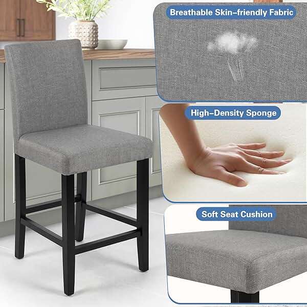 LSSPAID Bar Stools Set of 2, 24.8 Inch Upholstered Fabric Counter Height Stools, Modern Kitchen Island Wood Bar Chairs Barstools with Backrest and Solid Wood Legs, Grey - Image 6