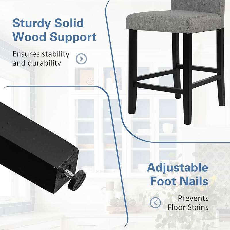 LSSPAID Bar Stools Set of 2, 24.8 Inch Upholstered Fabric Counter Height Stools, Modern Kitchen Island Wood Bar Chairs Barstools with Backrest and Solid Wood Legs, Grey - Image 7