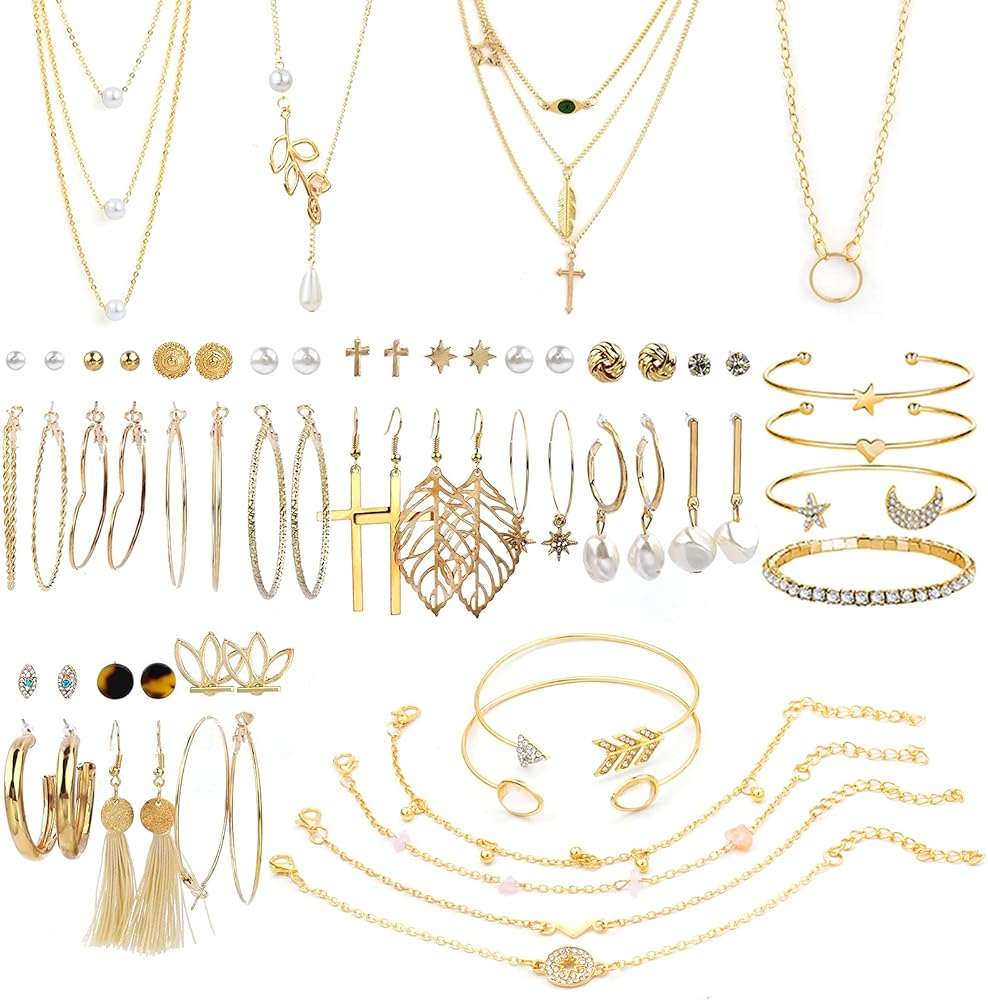 AROIC 38-52PCS Jewelry Set with Necklace Bracelet Layered Ball Dangle Hoop Stud Earrings for Women Jewelry Fashion and Valentine Birthday Party Gift - Image 1
