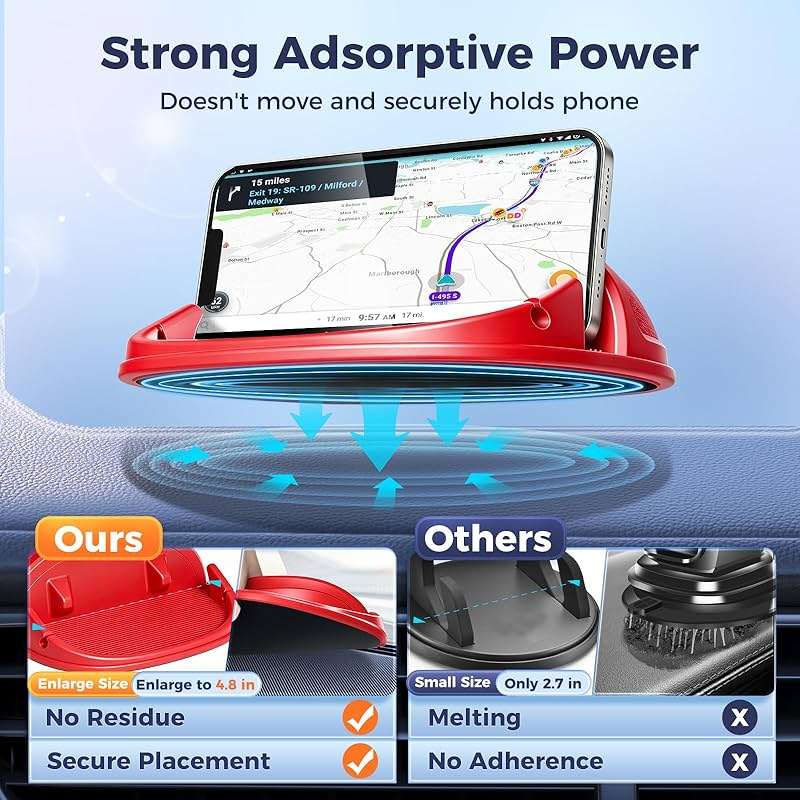 Loncaster Car Phone Holder, Car Phone Mount Silicone Car Pad Mat for Various Dashboards, Slip Free Desk Phone Stand Compatible with iPhone, Samsung, Android Smartphones, GPS Devices and More (Red) - Image 2